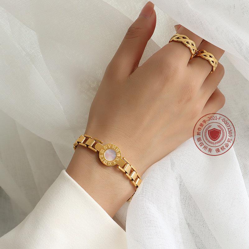 Roman Numeral Watch Face & Couple Shell Bracelet in Titanium Steel with 18K Gold Finish, Women's Friendship Jewelry E232