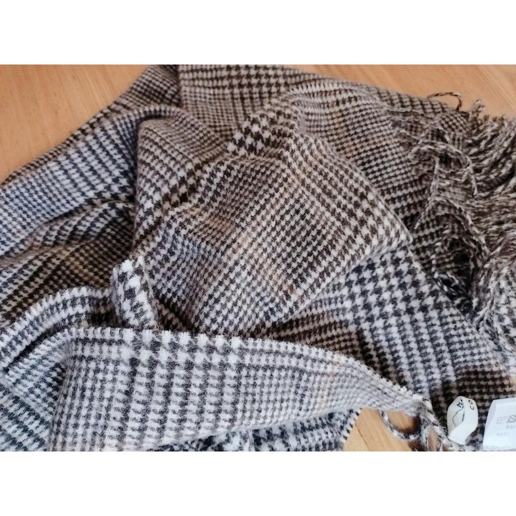 Used Plaid Scarf, Large Stole, Stole, Brown, Camel, Wool