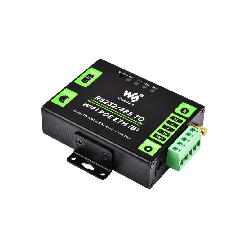 Industrial RS232/485 Serial-to-Ethernet Modbus Gateway with Wall and DIN Rail Mounting.