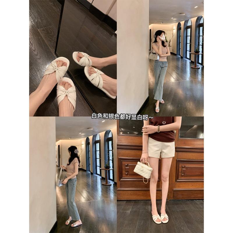 Leather version~ square-headed lambskin pleated flat-bottomed slippers women's cool slippers outer wear summer