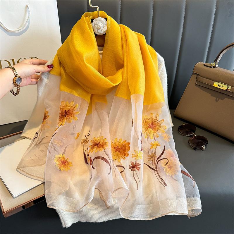 Luxury Silk Shawl Scarf For Women Design Embroidery Flowers Hijab Wraps Bufandas Female Headkerchief Fouloud Echarpe