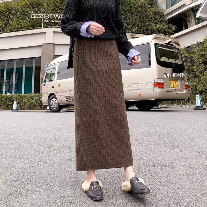 Elegant High Waist Knitted Wool Bodycon Skirt with Slit - Women's Autumn/Winter Long Straight Style