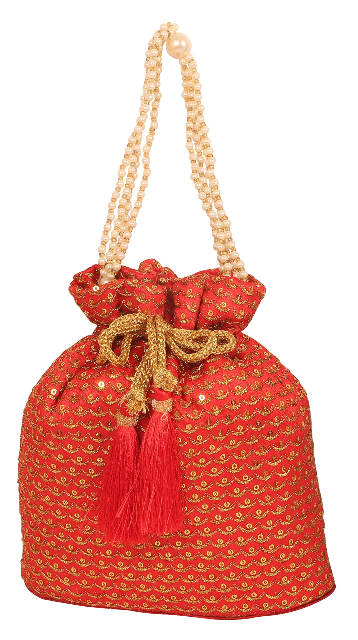 

Handmade Brocade Evening Purse Drawstring Handbag Vintage Party Wedding Gift for red gold [INDTRESOR] Beaded, Women.