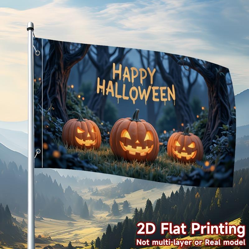 2D Flat, 1pc, 2D Flat Printed Halloween Elegant Flag, Spooky Pumpkin Forest Design, Polyester Fiber, Suitable for Outdoor Courtyard and Holiday Decora