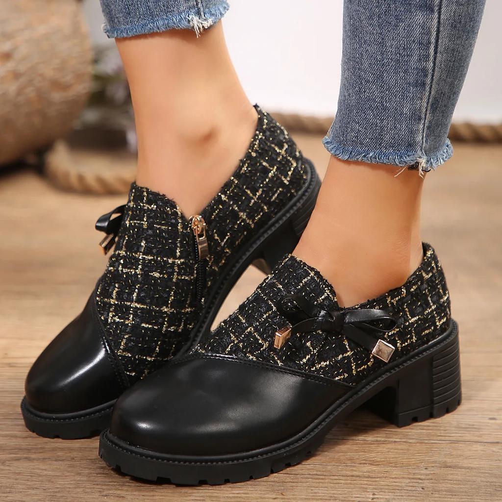 Fashion Comemore Women's Elegant Colorblock Pumps 2025 Spring New Thick Heel Ladies Single Shoes Round Toe Bowknot Decor Heels for Women