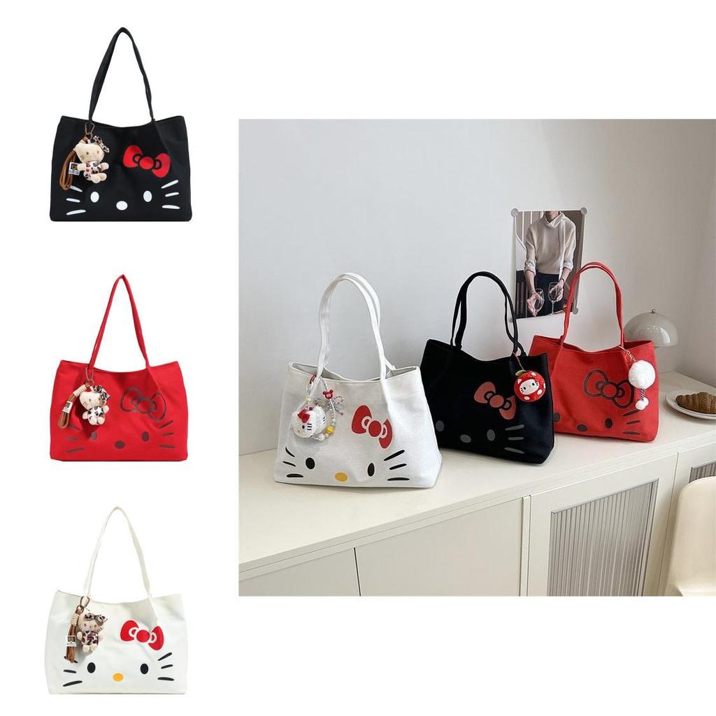 Hello Kitty Trendy Canvas Handbag With Durable Material And Double Shoulder Straps For Women