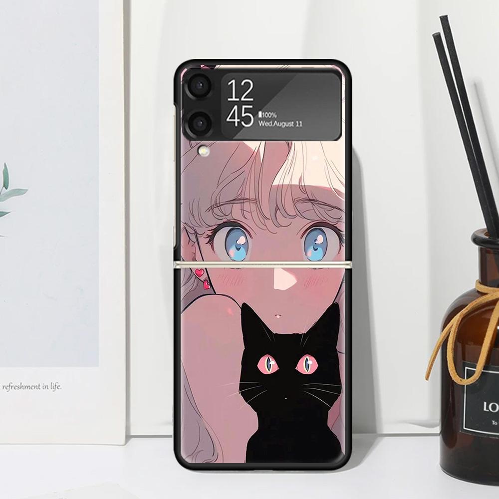 Anime Girls Cute Black Cat Phone Case Cover for Samsung Galaxy Z Flip 7 6 5 4 3 5G Flip3 Flip4 Flip5 ZFlip6 ZFlip7 Black Fundas