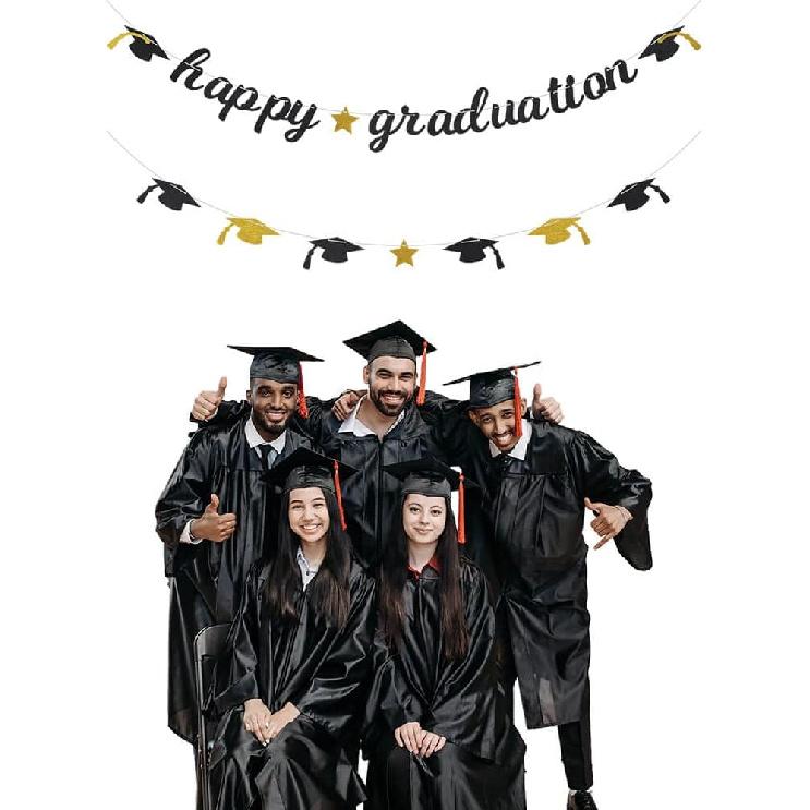 Happy Graduation Glitter Banner Graduation Congratulations Party Decorations Black Gold