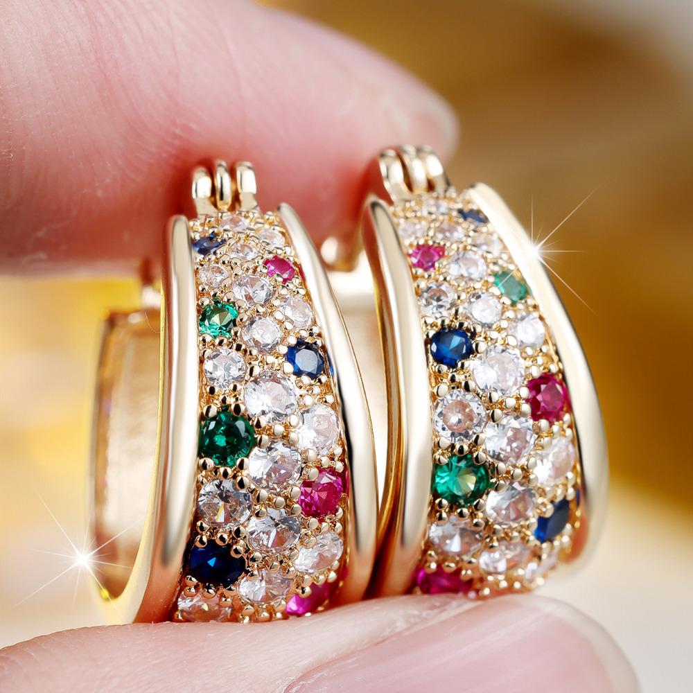 Exquisite Bright Zircon Hoop Earrings for Women Luxury Gold Color Wedding Party Jewelry Accessories