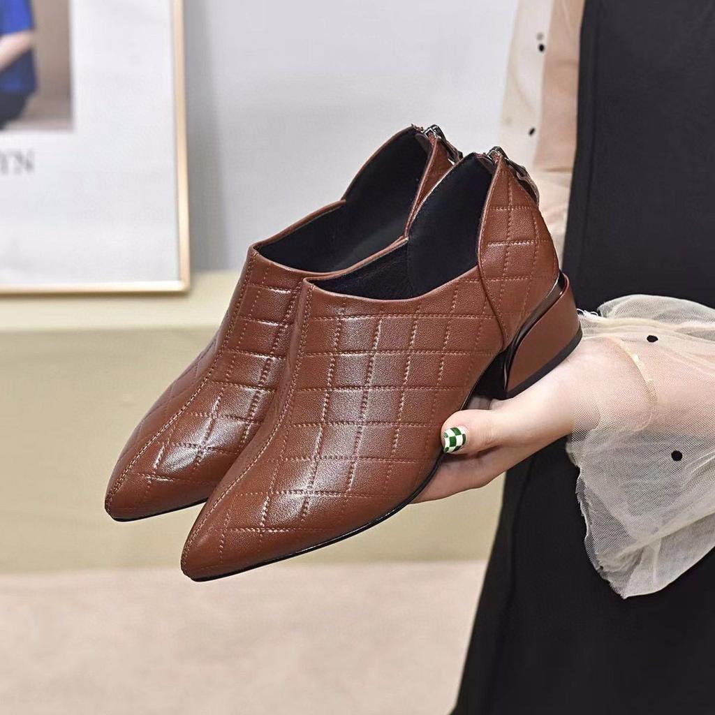 Fashion pointed small bare boots spring new first-layer cowhide rhombus small fragrant thick heel deep mouth single shoes leather boots