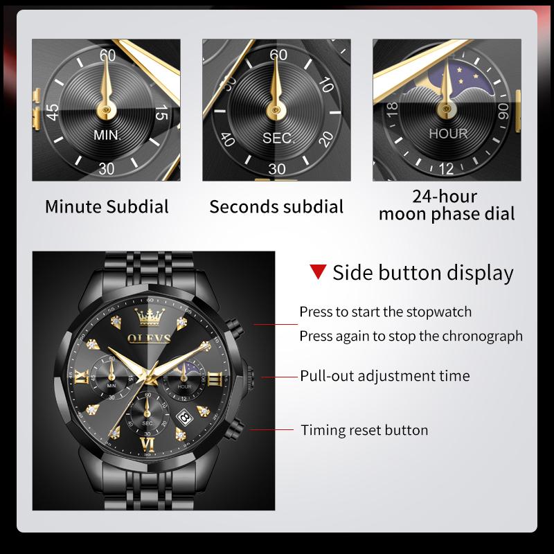 OLEVS Men Watch Fashionable Original Moon Phase Quartz Watch Waterproof Luminous Automatic Date Stainless Watch Gifts