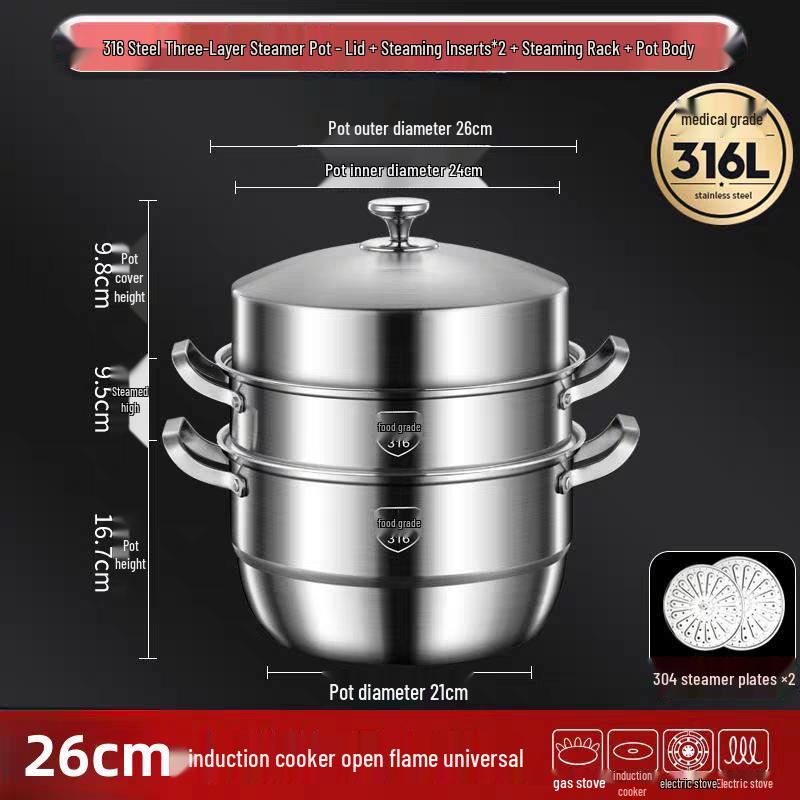 316 Stainless Steel High-Rise Steamer Pot, Extra Thick, Food-Grade, Large Capacity, Versatile 3-4 Layer Soup Pot