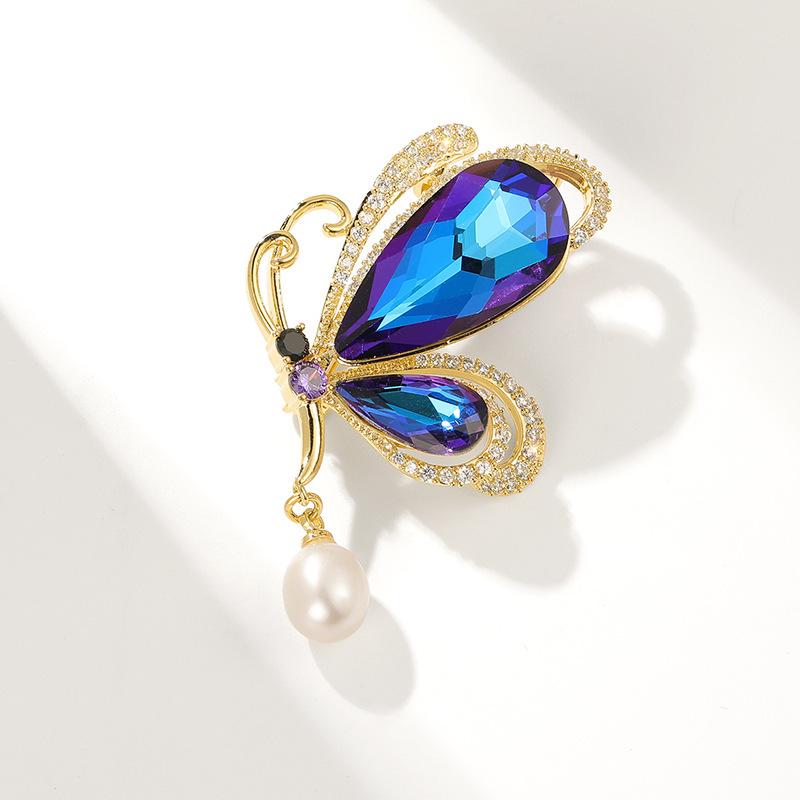 Elegant Crystal Butterfly Brooch with Zircon, Agate, and Freshwater Pearls - Stylish Pin