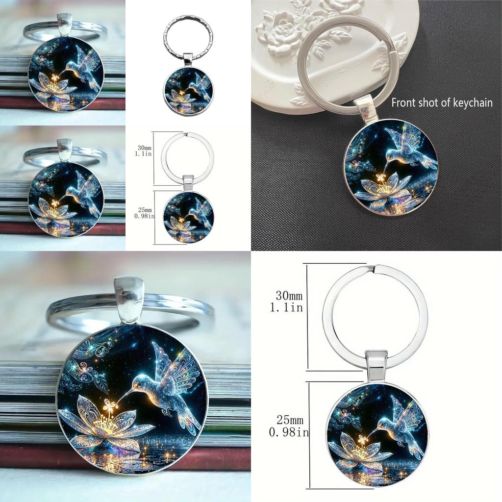 Modern Hummingbird Blossom Alloy Keyring With Glass Finish For Promotional Gifts And Party Favor Use