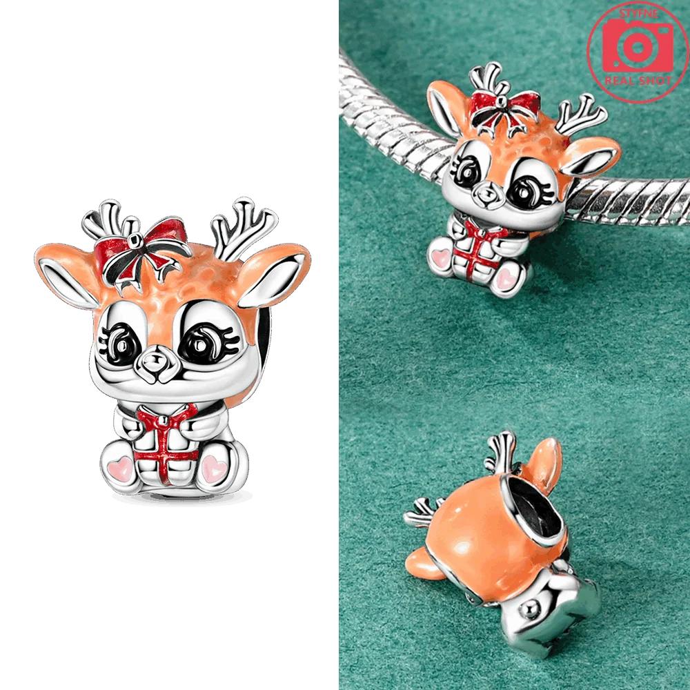 New Original Copper Red Bow Tie Car Christmas Deer Snowman Bead Fit Bracelet Diy Accessory Women Christmas Jewelry Gift