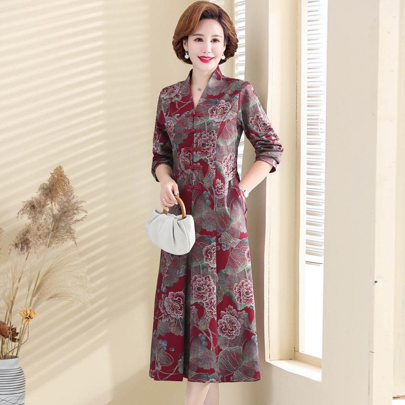 High-End Ethnic Print Long-Sleeve Cheongsam Dress - Women's Mid-Length Fashion for Autumn/Winter