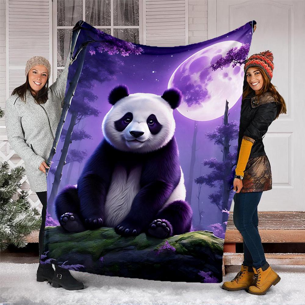 1pc Panda Moon Night Throw Blanket Polyester Fiber, Lightweight Flannel, Soft & Warm, All Season Use for Outdoor, Camping Digital Print
