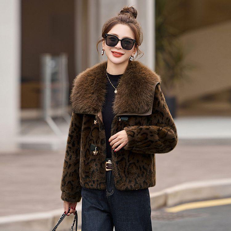 Winter large lapel imitation fur jacket leopard print high-end fashion women's clothing young coat