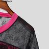 INCERUN Men Casual V Neck Short Sleeve Lace Sheer Patchwork Tops
