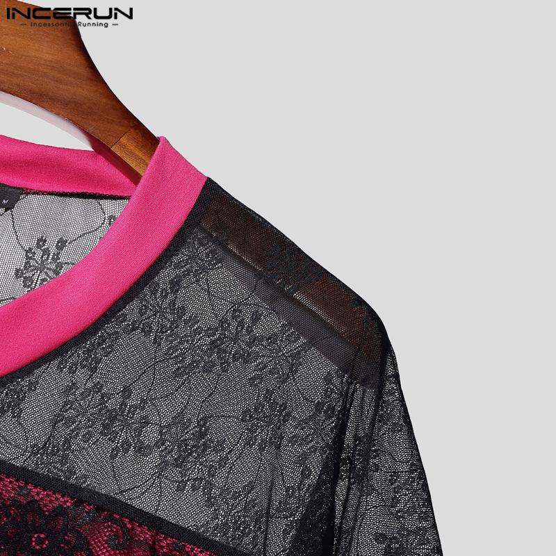 INCERUN Men Casual V Neck Short Sleeve Lace Sheer Patchwork Tops