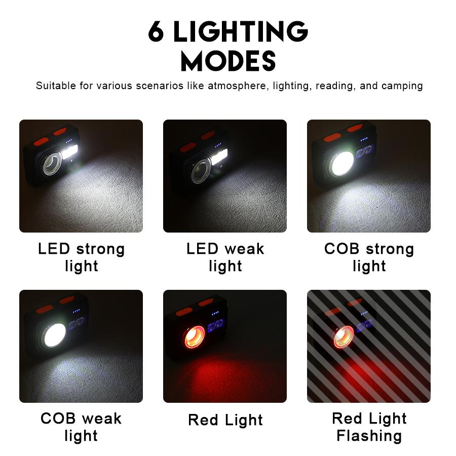 LED Intelligent Sensor Flashlight Warning Light USB Rechargeable Portable Hand Lamp Outdoor Lighting Camping Fishing Torch