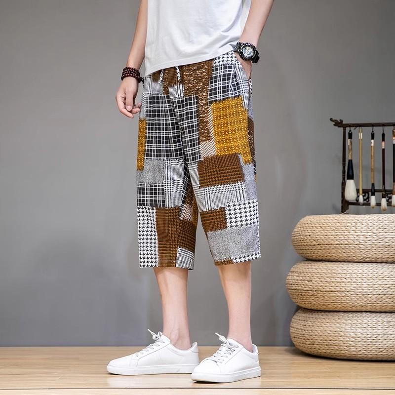 2024 Neue Trendige Chinesischer Stil Sommer Dünne Eisseide Herren Bedruckte Elastische Taille Caprihosen Lässig Vielseitig Bettlerflicken Haremshorts