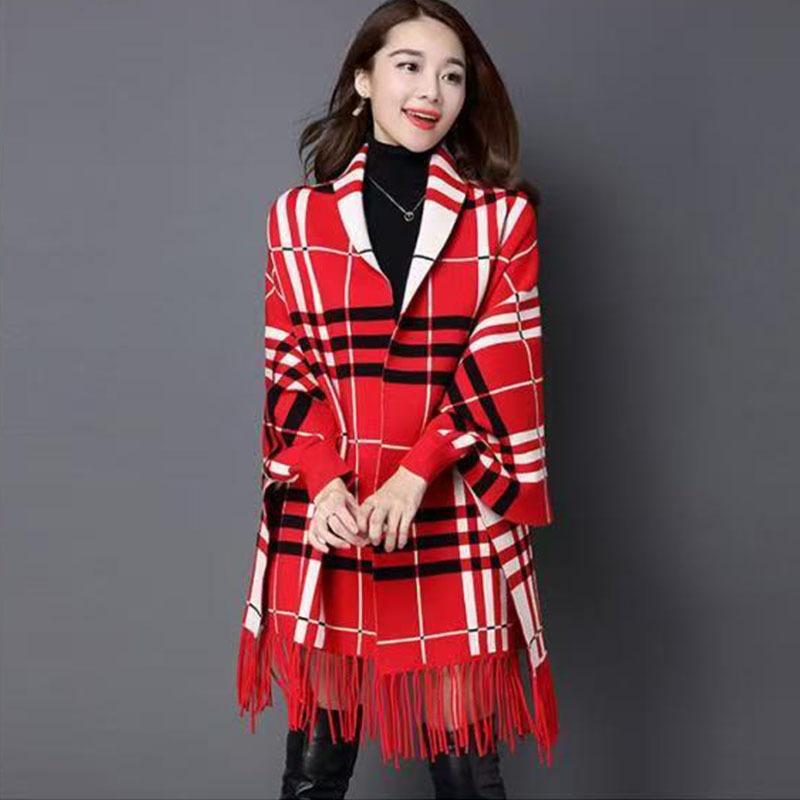 Wintermantel Damen Strickpullover Herbstoutfit Schal Schal Damen Dual-Use beidseitig Ärmel warm kariert Strickumhang