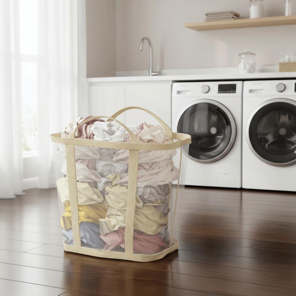 Wall Mounted Nylon Mesh Laundry Basket Foldable Large Capacity Dirty Clothes Basket Space Saving with Handle