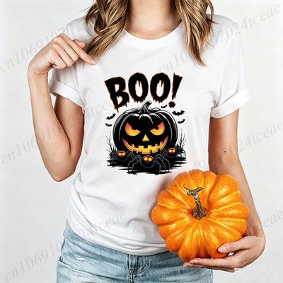 Women's Halloween Boo Pumpkin Graphic T Shirt Spooky Spider Bat Print T-Shirts Short Sleeve Casual Spooky Season Party Tee Tops