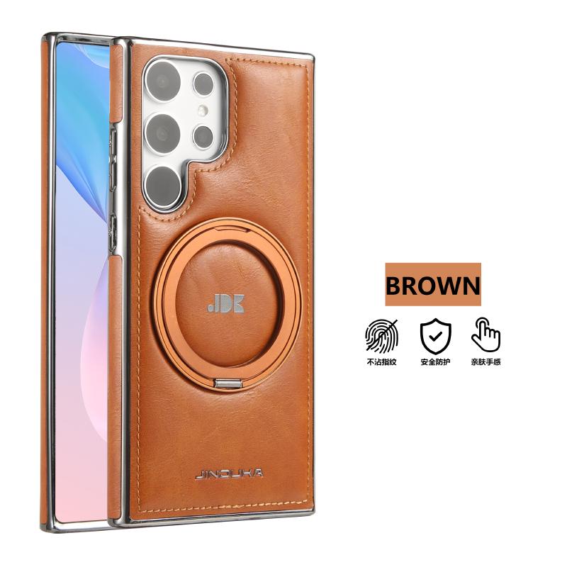 

For Magsafe Magnetic 360°Rotating Metal Car Bracket Ring Solid Color Leather Phone Case For Samsung S24 Ultra S22 S23 Ultra Plus For Samsung Galaxy S24+