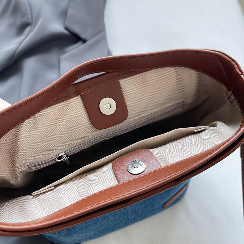 Denim Shoulder Bag Women Fashion Brown Leather Trim Crossbody Tote Bag Casual Everyday Small Handbag