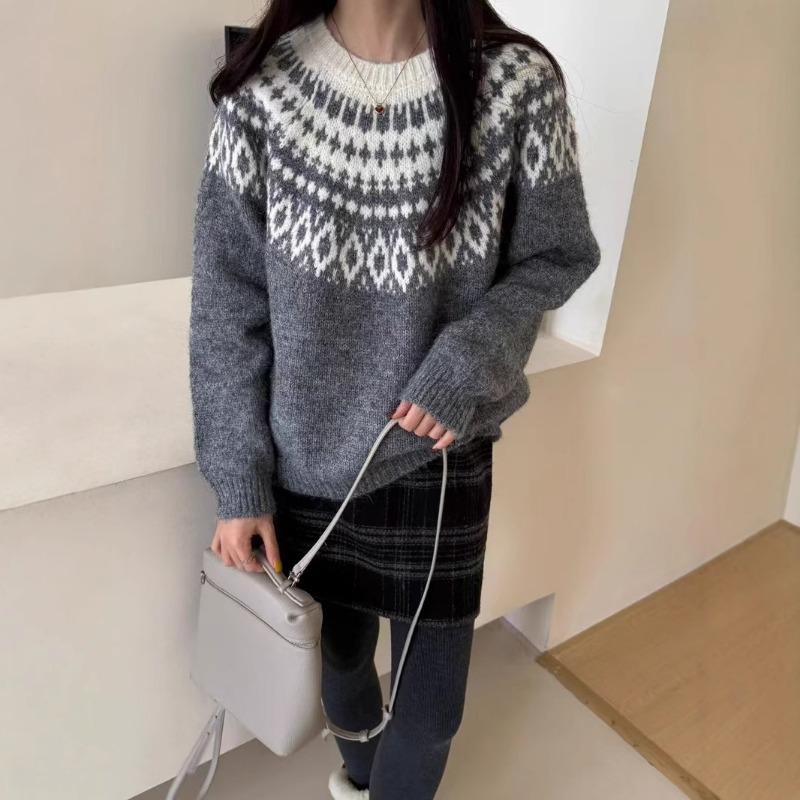 Vintage Versatile Fair Island Knitted Pullover Women's Autumn and Winter Soft Waxy Loose Lazy Christmas Knitted Sweater Top Women