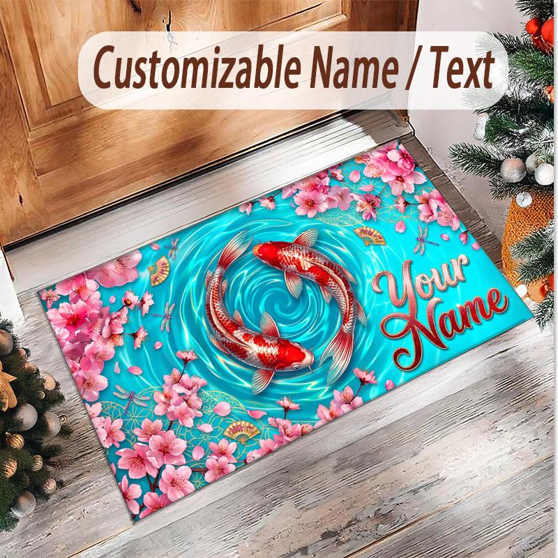 Koi Fish Theme Soft Crystal Velvet Rug Custom Name & Text Print Non Slip Floor Rug for Bedroom Living Room