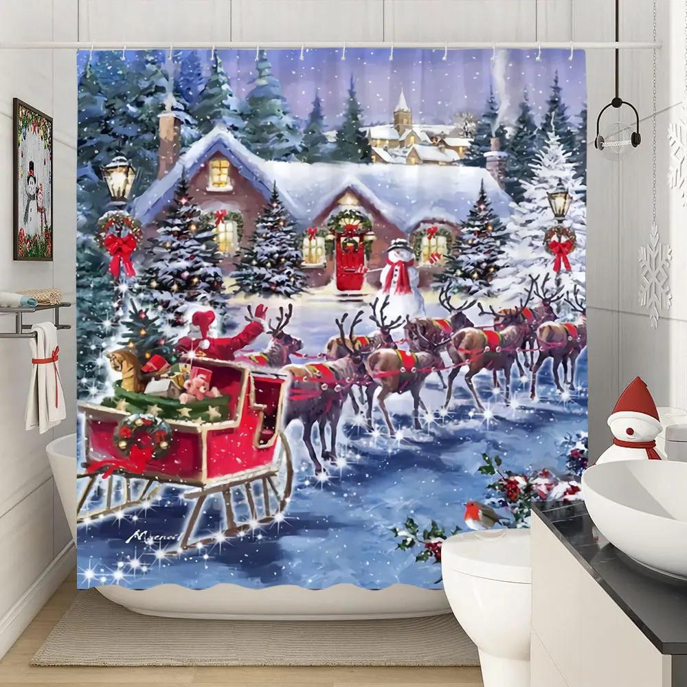 

Зимняя Рождественская Занавеска для Душа Рождественский Олень Природа Лес Снежный Пейзаж Фермерский Дом Занавеска для Ванной Полиэстеровая Ткань Декор для Ванной 35x70in-90x180cm
