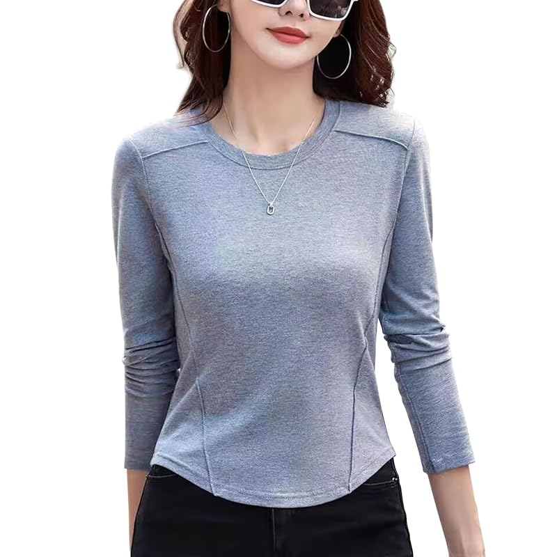 

[OKJCON] ladies t-shirt long sleeve spring Plain color casual Fashionable large size (JP, alphabet, L, gray)