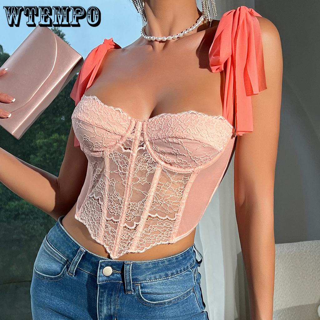Europe and America Lace Tie Straps Tops Steel Ring Fishbone Hollowing Out Sling Fashionable Girls Cool and Refreshing In Summer