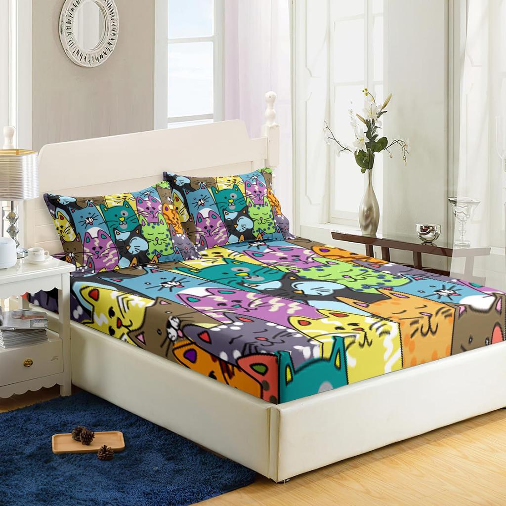 Dier Kat Patroon Matras Driedelig Digitaal Print Matras Beddengoed Set Volwassenen Kinderen