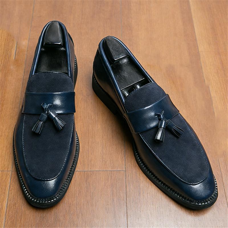 Pointed Toe Suede Patchwork Tassels Casual Dress Homecoming Shoes for Men Brand Designer Male Formal Wedding Loafers Footwear