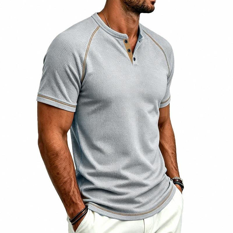 Mens Waffle Henley Collar Raglan Short Sleeve Color Block Casual T Shirt