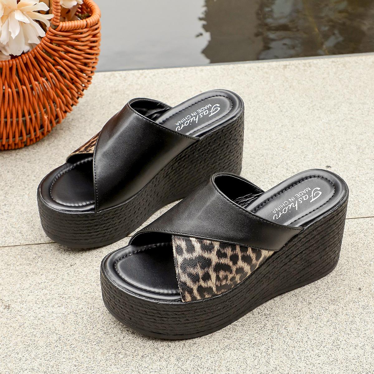 2026 Summer Leopard Print Plus Size Wedge Flip-Flops for Women - Thick Sole High Heel Thong Sandals 41