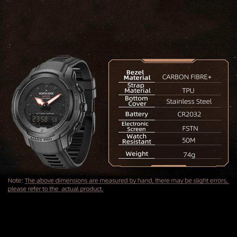 NORTH EDGE MARS Pro Men's Sports Digital Watch Military Army Carbon Fiber Case Watches Altimeter Barometer Compass Waterproo 50M