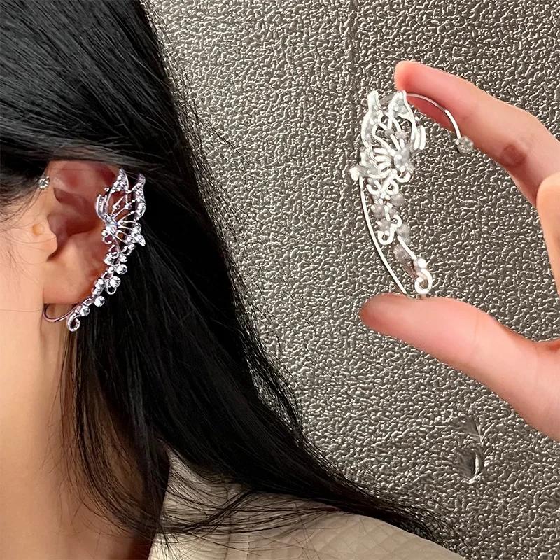 Korean Elf Butterfly Ear Cuff Fake Piercing Clip Earrings for Women Fashion Sparkling Zircon Crystal Wedding Bride Jewelry Gift