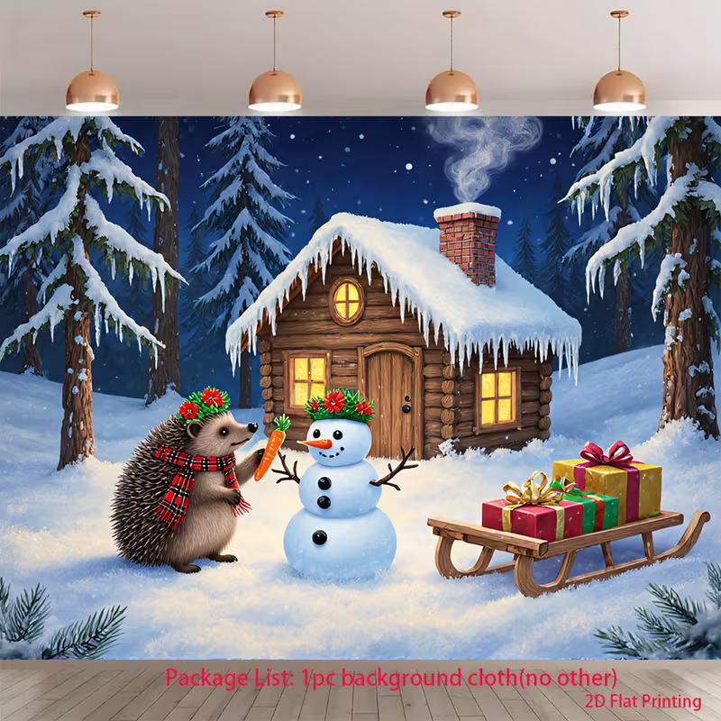 2D Winter Forest Banner with Cute Hedgehog and Snowy Night Sky 47.2x31.5inch/120*80cm