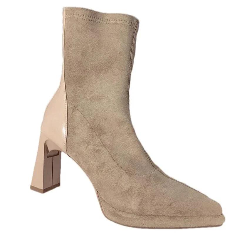 Women High Heels Pointed Toe Ankle Chelsea Boots Suede Chunky Fashion Walking Shoes 2025 Winter Brand Pumps Dress Zapatos Mujer