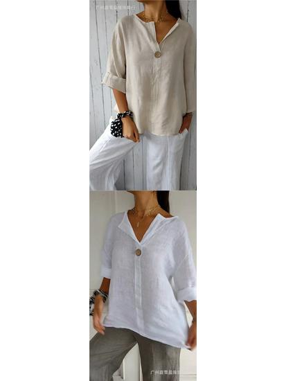 Women's Cotton Linen V-Neck Button T-Shirt - Summer Loose Fit