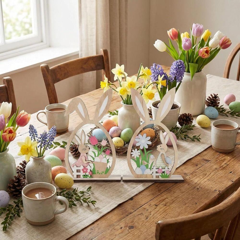 2Pcs Flower Easter Bunny Ornament Farmhouse Rustic Easter Table Decor  Home Party