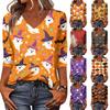 Women Casual Halloween Print V Neck Three Quarter Sleeve Top Lightweight Comfortable Fit Stylish Design for Everyday Wear