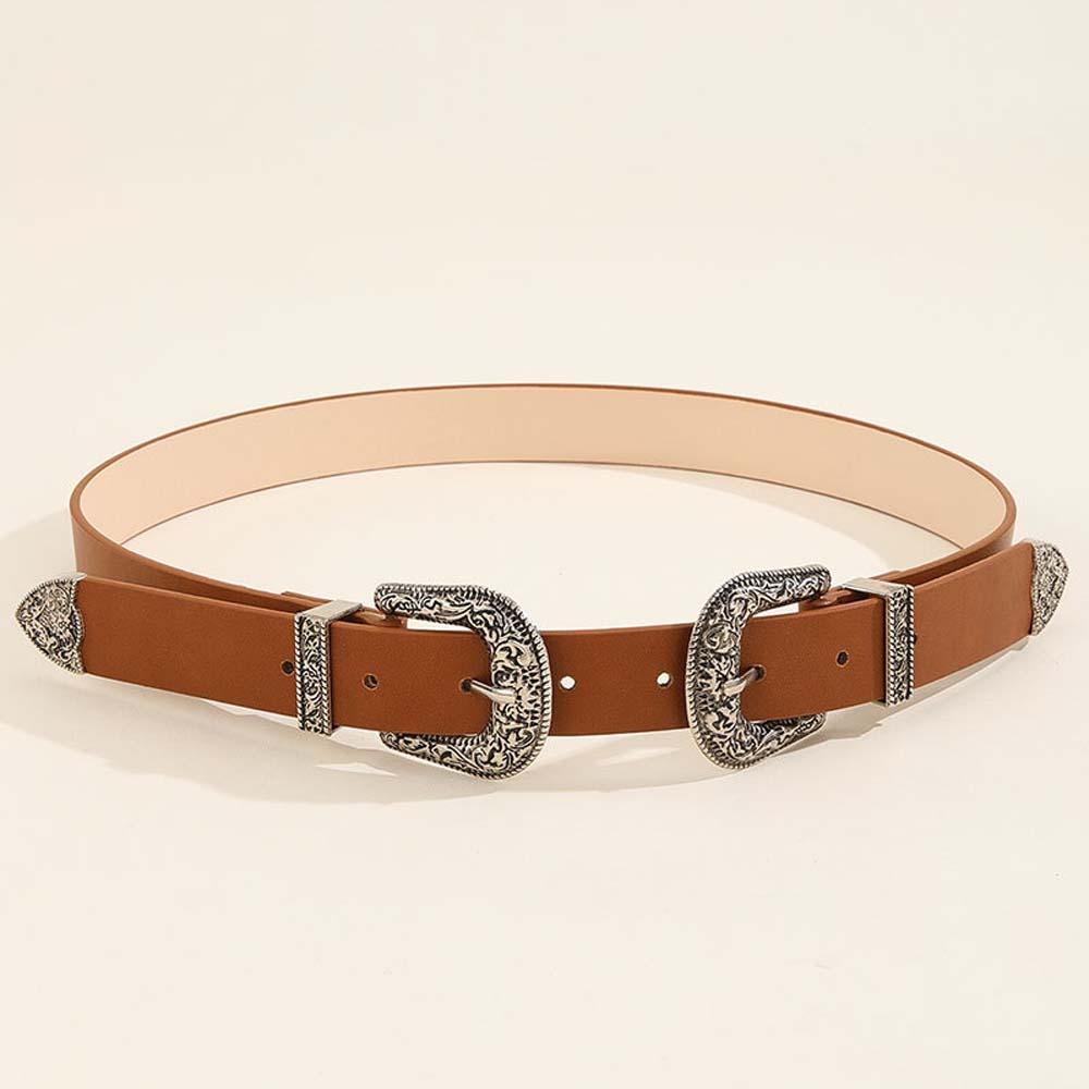 Cool Carved Buckle Belt Wide PU Vintage Waistband Versatile Double Buckle Waist Belt  Couple