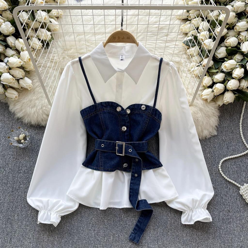 Koreanische Serie Tragen Alter-Reduzierung Set Retro Denim Cami Gestapelt Alle-Matching Puff Sleeve Shirts Zwei-stück Set Top