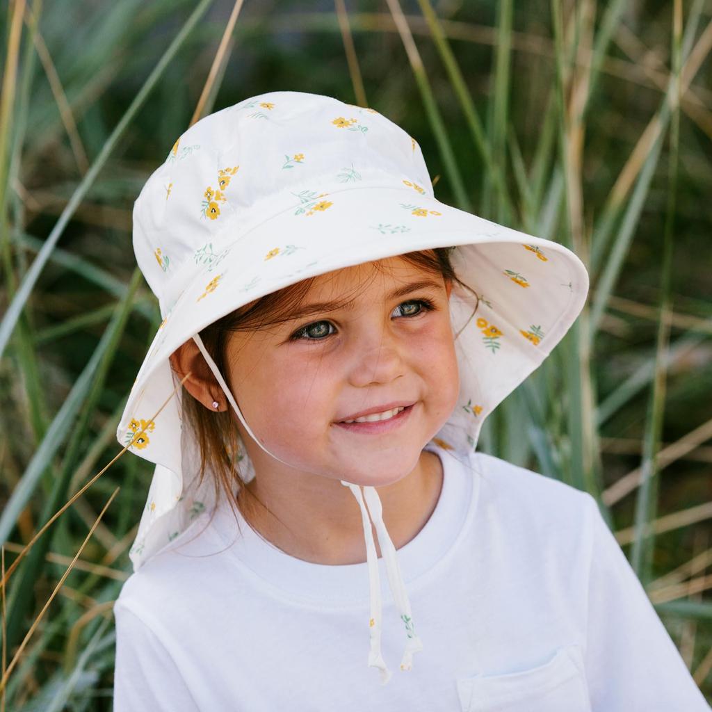 Girls Cotton Sun Hat with Neck Flap Stylish Beach Hat Wide Brim for Babies Yellow [JAN & JUL] (S 0-6 months, Flower)